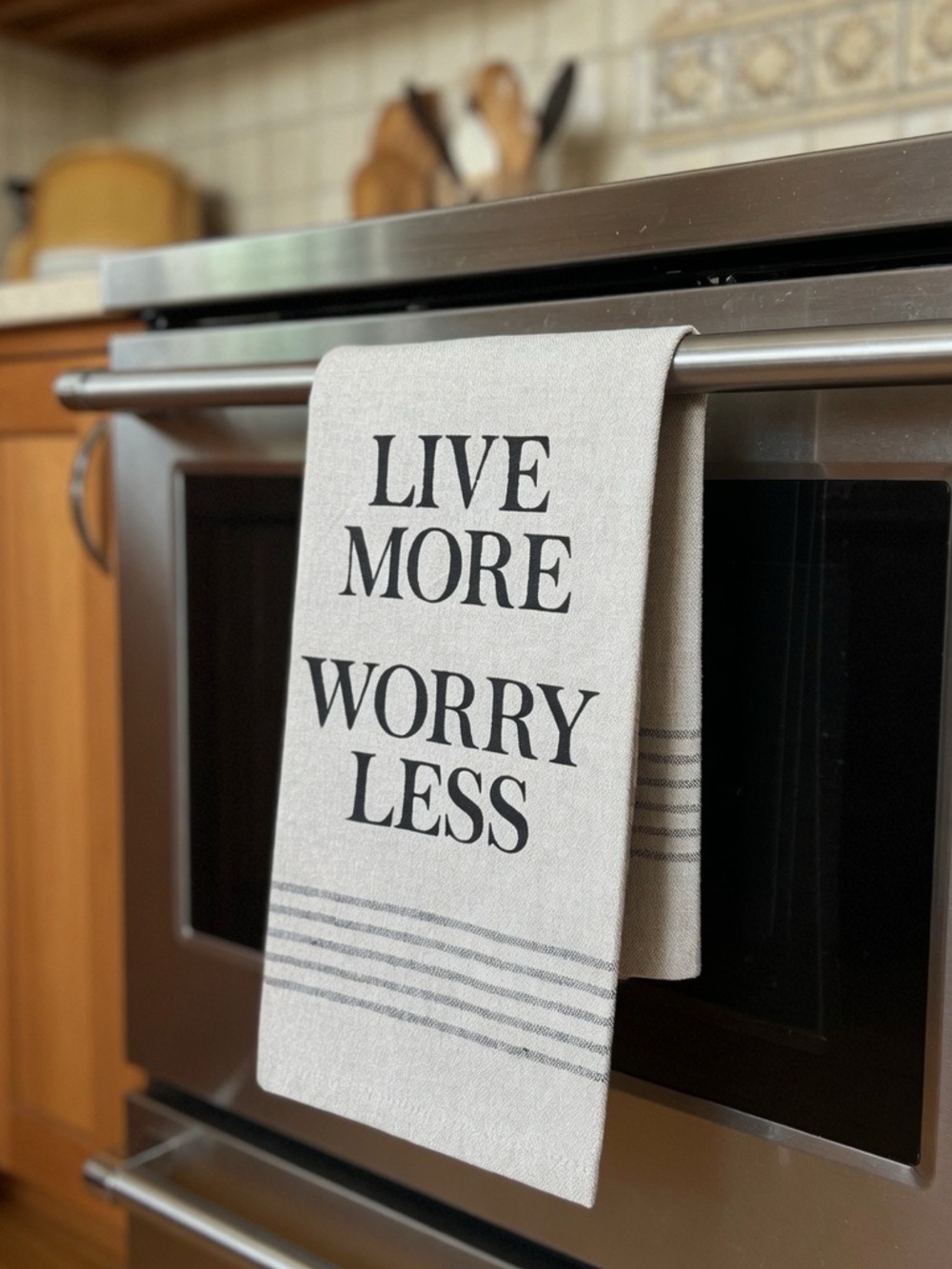 Live More Worry Less Cotton Kitchen Towel - Natural with Black Print